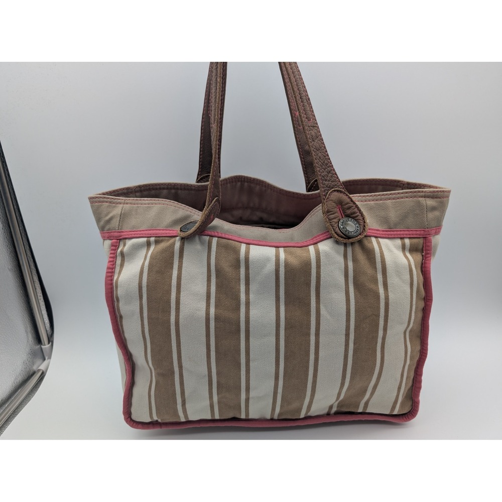 Gap Jeans Canvas Tote Bag Brown Cream Striped Pink Trim Leather Straps